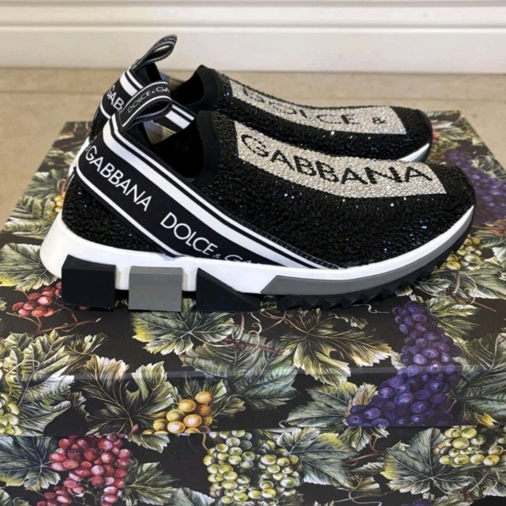Dolce & Gabbana Black and White Crystal Slip-Ons